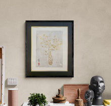 Load image into Gallery viewer, "Metallic Gold Flowers in Brocade Vase" Original Framed Mono Print