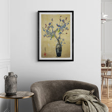 Load image into Gallery viewer, "Blue and Red Flowers in Brocade Vase" Framed Art Print