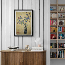 Load image into Gallery viewer, "Blue and Red Flowers in Brocade Vase" Framed Art Print