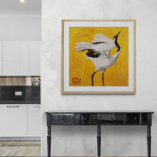 Load image into Gallery viewer, "Dancing Crane I" White Crane Framed Art Print by London Wilde