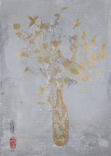 Load image into Gallery viewer, "Metallic Gold Flowers in Brocade Vase" Original Framed Mono Print
