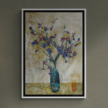 Load image into Gallery viewer, "Sea Glass Brocade Vase and Blossoms" Floral Art Framed Print